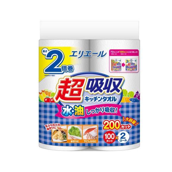 エリエール 超吸収キッチンタオル 100カット/キッチン用品/ブランド：エリエール/【発売元、製造元、輸入元又は販売元】大王製紙/【エリエール 超吸収キッチンタオル 100カットの商品詳細】●エンボス加工の空間に油をキープし、裏抜けしにくい...