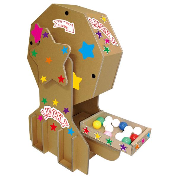 迫力満点の高さ130cmの巨大なガラポンです！15mm厚の強化ダンボール使用！！本体サイズ：H130×W75×D55cm65mmΦボール150球付き(白100球、赤・ピンク・黄・青・緑　各10球)セット内容：本体(太鼓×1・側面×2・足(切...