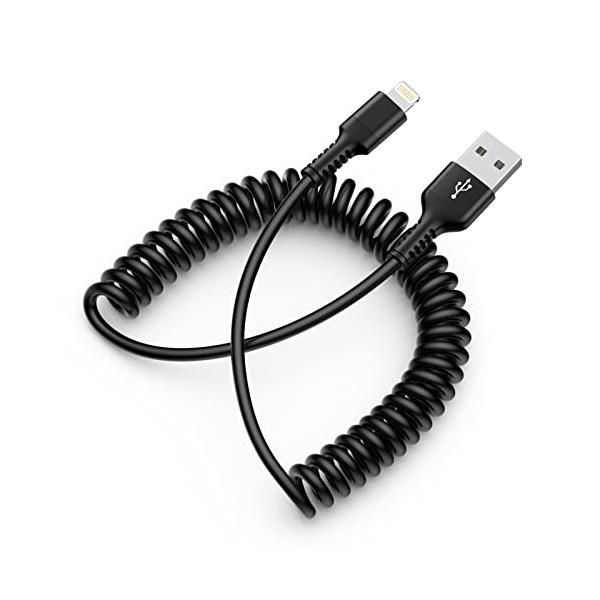 【Lightningケーブル コイル状】USB-A to Lightningコイル状デザインのLightning充電ケーブルは、縮んだ45cmで、最大180cmまで伸ばすことができて、寝室、オフィス、車の後部座席でも簡単に充電できます。（1...