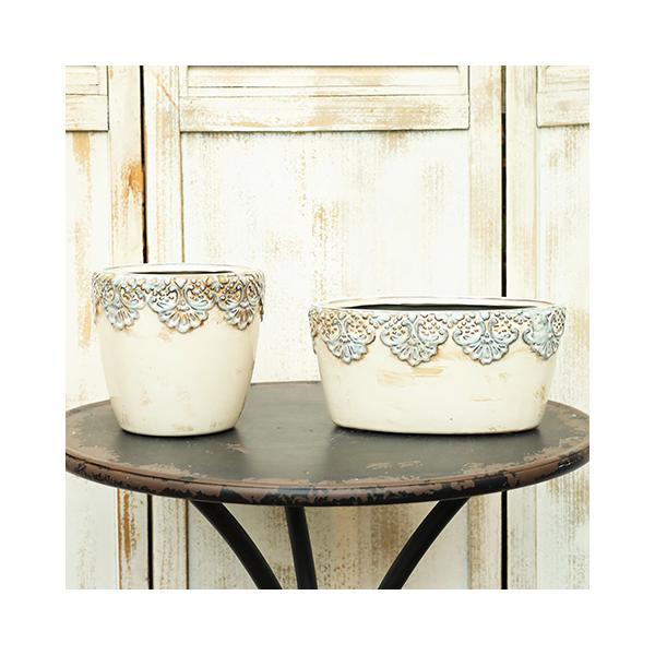 ガーデニング雑貨 陶器鉢 クロシェット ラウンドポット おしゃれ アンティーク調 植木鉢