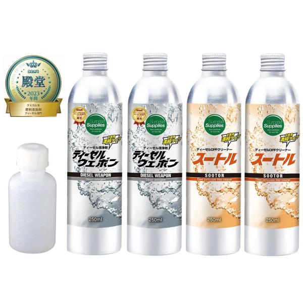 計量ボトル付(100ml)10ml毎に計量ライン表示あり小口タイプですので給油口に投入しやすいです。容量：ディーゼルウェポン　250ml x 2 (500ml)スートル　250ml x 2 (500ml)※金属缶のため、どうしても凹み等ある...