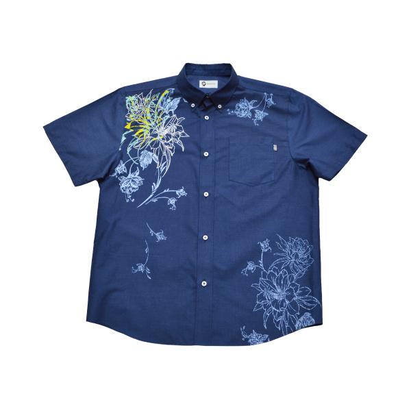 かりゆしウェア メンズ 　夜香花パネル　ネイビー　かりゆしウェア 沖縄 アロハシャツ かりゆし 半そで 半袖 シャツ リゾート 夏 ビーチ 結婚式