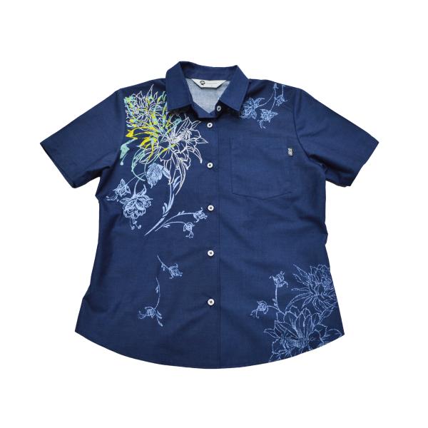 かりゆしウェア レディース  夜香花パネル　ネイビー　かりゆしウェア 沖縄 アロハシャツ かりゆし 半そで 半袖 シャツ リゾート 夏 ビーチ 結婚式