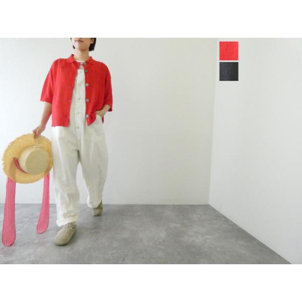 【SALE】mao made(マオメイド) UV加工リネンポロ衿ハーフスリーブカーディガン(621106)※セール商品の為、送料無料サービス対象外