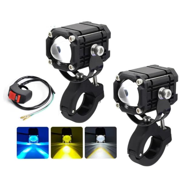 スーパーブライト LED フォグランプ ヘッドライト バイク 車 プロジェクター 防水 車検対応 2個 6000K ホワイト(ハイビーム)と 黄 3000K (ロービーム)、ブルーポジション発光モード＋ストロボモード。ライトスイッチ ON ...