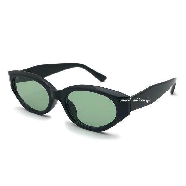 FLAT LENS CAT'S EYE SUNGLASS BLACK × GREEN/フラットレンズキャッツアイサングラス黒縁伊達眼鏡カラーレンズグリーンfox猫目レトロ軽量
