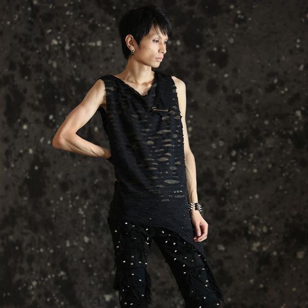 【h.ANARCHY】ダメージ加工タンクトップ　安全ピン 安全ピン付接結穴あき加工アシメグランジタンク MF021 : モンスーン