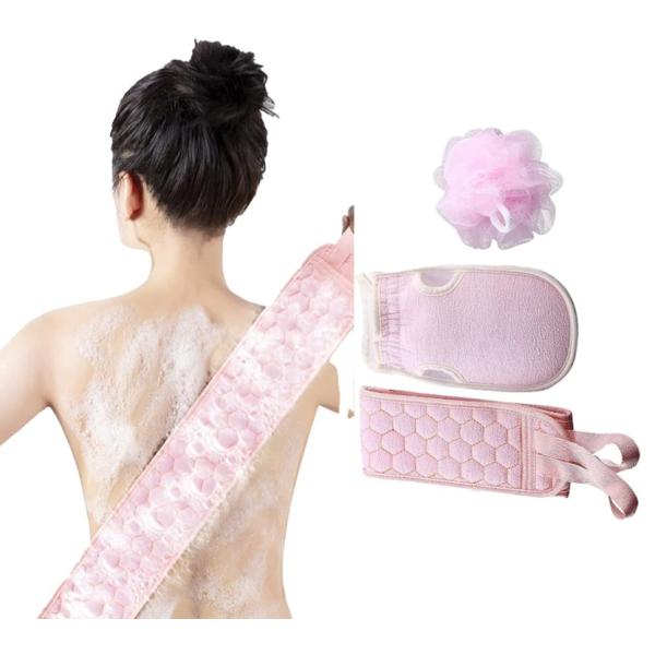 【カラー】ピンク、ブルー、レッド【バス用品３点セット】 両用あかすりタオル長さ85cm、幅9.5cm。あかすりグローブ長さ24cm、幅13cm。ボディウォッシュボール15*15cm。より効果的で背中ニキビ，かかと 角質取り，血行促進，皮膚を...