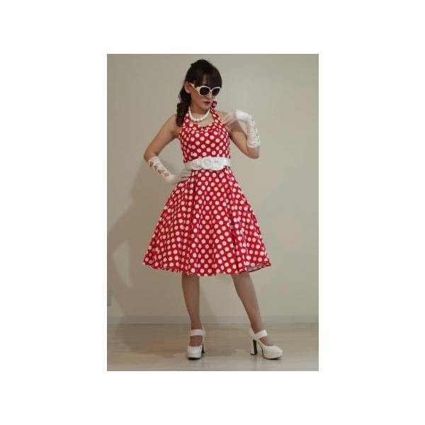 No213サーキュラーワンピース♡50sスタイル♡ベルト&ヘアラップ&リボン付 赤×白水玉 XLのみ 50'sサーキュラーワンピース