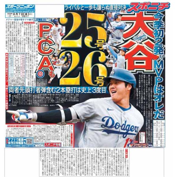 スポーツニッポン東京最終版8月7日付（宅配）