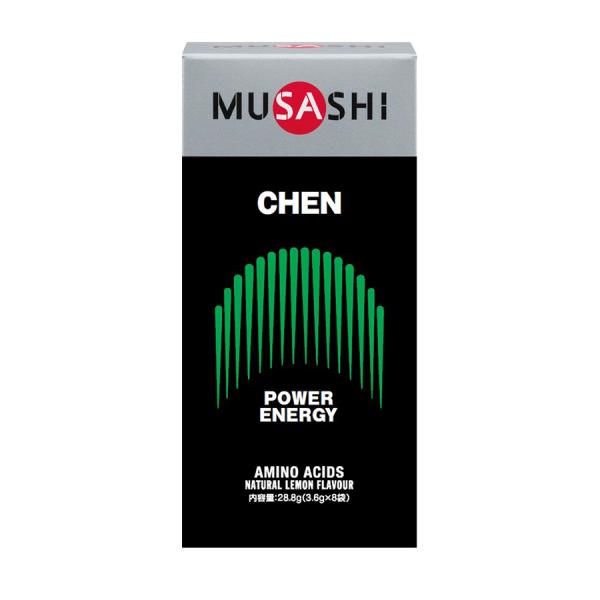 商品名      MUSASHI  CHEN [チェン]容量         1本3.6g×8本主成分 L-アルギニン、グリシン、L-メチオニンスティック1本(3.6g)当たりエネルギー 14kcalたんぱく質 3.5g脂質 0g炭水化物 ...
