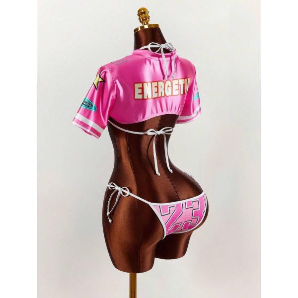 レディース 水着 ビキニセット 女性用 光沢ピンクジャージ風 ナンバー