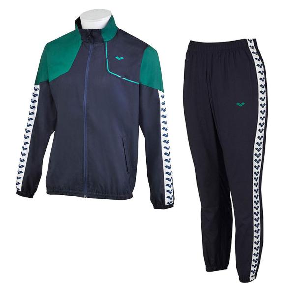 アリーナのアイコンであるチームラインと、切替でアリーナロゴをイメージしたデザインのウインドブレーカー。裏地は、ジャケットの背中面上部と、パンツの股上部分のみにメッシュ素材の裏地がついています。その他の部分は裏地なしです。■素材ポリエステル1...