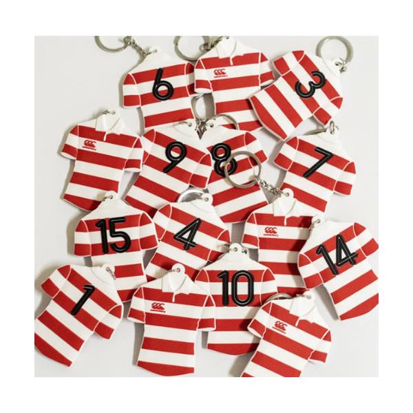 サイズ：タテ約6.5×よこ約5.6cm素材：シリコーンゴムJAPANカラーをモチーフにしたラグビージャージに背番号が入ったシリコーン製のキーリングです。あなた好みのNOをお選び頂けます。ホームページにてご注文頂けましても品切れの場合もござい...