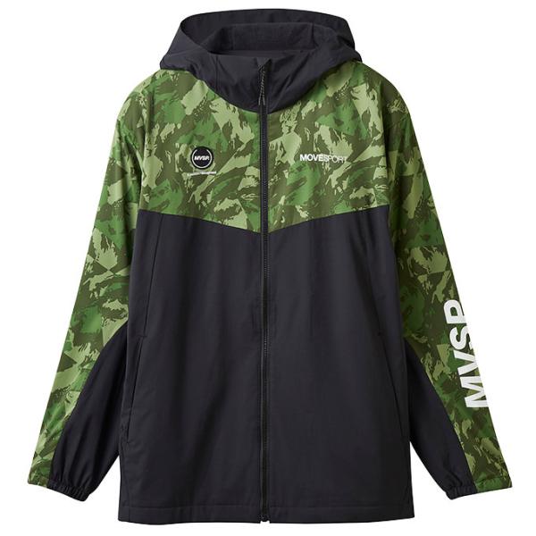 ムーブスポーツ 撥水ジャケット フード付き HEATNAVI 総柄グラフィック スリーブロゴ フルジップフーディー メンズ カーキ/ブラック DMMWJF30-KHBK MOVE Sport デサント DESCENTE（デサント） ムーブスポーツ 撥水ジャケット フード付き
