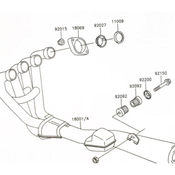 ゼファー400(ZR400C) マフラーガスケット＆マフラーカラー＆ホルダー(フランジ) 1台分 図中(11009＆92027＆18069番)  11009-1866 92027-1365 18069-1025  :1022K-11009-1866X4-92027-1365X8-18069-1025X4:SPS 通販 