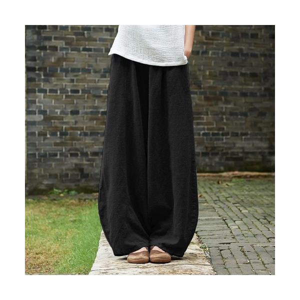 M  ブラック  綿麻 とろみ ワイドパンツ ゆるとろ 楽ちん コットンリネン ボトムス ウエストゴム 無地 カジュアル コクーンシルエット