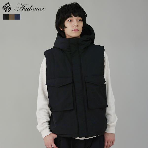 ベスト 中綿 フードベスト アウター メンズ 秋 秋服 冬 冬服 フラップポケット ボリュームネック ミリタリー ロクヨンクロス 綿 ナイロン sorona dupont AUD7350