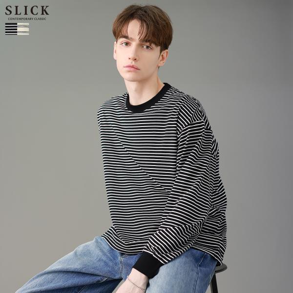 カットソー トップス Tシャツ ロンT インナー メンズ ボーダー ドローストリング 天竺 クルーネック SLICK 5130304 5131007