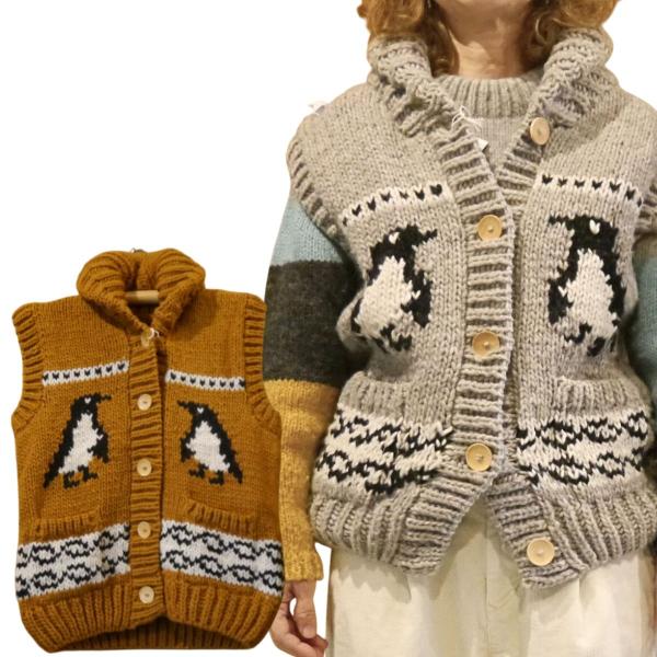 カウチンセーター レディース カウチンベスト ペンギン柄 ニットベスト