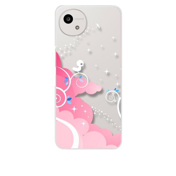 【送料無料】 ハート ガラスケース ピンク AQUOS wish5 SH-52F SH-M32 クリア ハードケース 小鳥キラキラ(ピンク