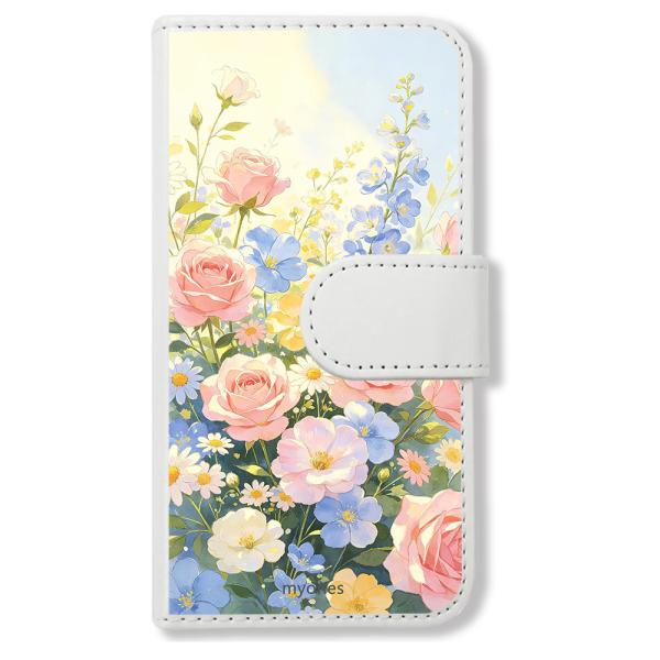 iphone7/iPhone8/iPhone SE2 手帳型(ホワイトｘ花の庭) 薔薇 バラ 可愛い 花柄 水彩画風 ボタニカル 韓国
