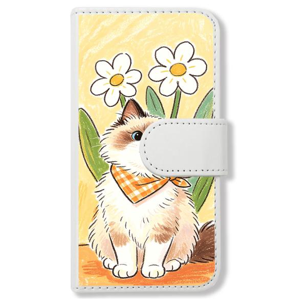 Google pixel9a 手帳型(ホワイトxラグドール猫と白い花) 猫 ねこ 茶