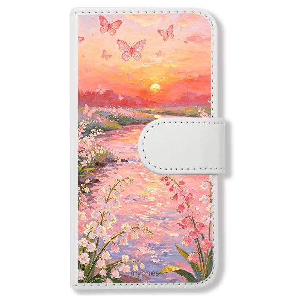 Google pixel9a 手帳型(ホワイトx夕焼け空) 鈴蘭 油絵風 すずらん