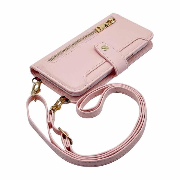 ZTE nubia S2 A504ZT スマホケース（ピンク）斜めがけ スマホショルダー 手帳型 ストラップ付き くすみカラー