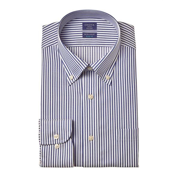 進化した、綿100％形態安定シャツ【日清紡アポロコット】ドレスシャツノーアイロンシャツ　ノンアイロン　ストライプ柄で人気のロンドンストライプ白と青の爽やかな縞柄で、ビジネススタイルの定番アイテムになること間違いなし。カフスには両方ボタンホー...