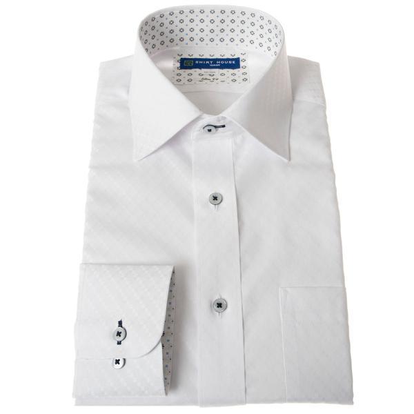 SHIRT HOUSE ワイシャツ 形態安定 長袖 白ドビー チェック 市松模様