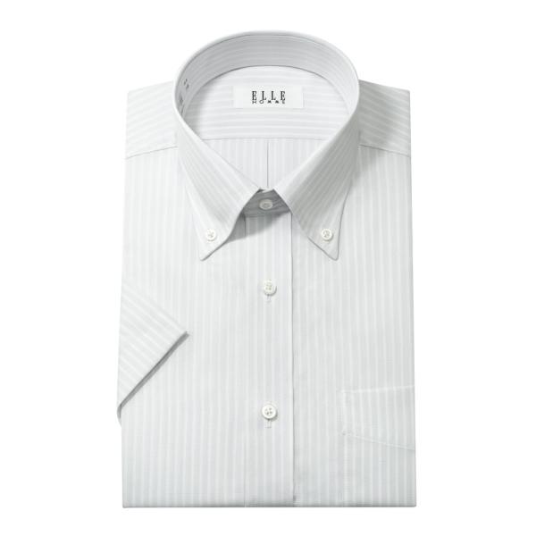 ELLE HOMME 半袖 ワイシャツ メンズ 夏 形態安定 涼感素材 グレー ストライプ ボタンダウン |綿 ポリエステル テンセル クールビズ
