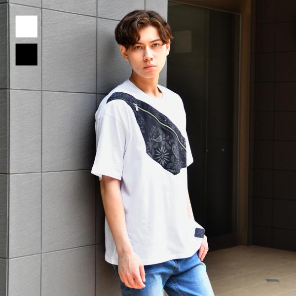 Tシャツ メンズ ビッグシルエット 大きいサイズ プリント 半袖 フェイクボディーバッグ 春夏秋 ストリート サーフ ビター オラオラ 白 黒 ホワイト ブラック M L