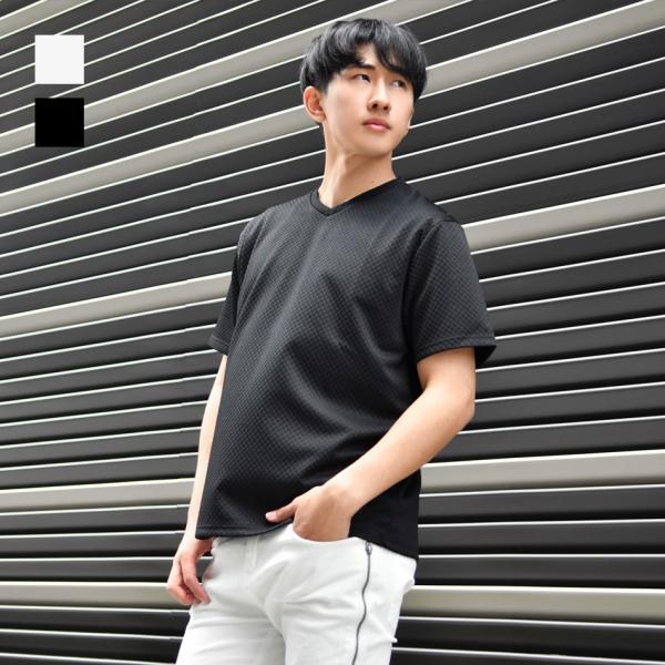 Tシャツ メンズ 半袖 Vネック 浅め カットソー 無地 総柄 春夏秋 カジュアル モード系 ビター系 お兄系 オラオラ系 白 黒 ホワイト ブラック ジャガード M L XL