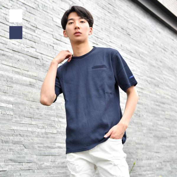 Tシャツ メンズ 半袖 ワッフル サーマル クルーネック ヘンリーネック 無地 ポケット付き ホワイト ネイビー 白 紺 アメカジ M L 2L 3L 26159