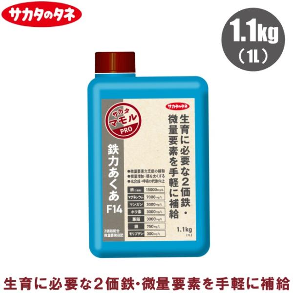 サカタのタネ 液肥 鉄力あくあF14 1.1kg(1L) 液体肥料 水耕栽培 野菜 鉄分 補給 二価鉄 ホウ素欠乏 曇天 尻腐れ 芯止まり 予防 しおれ対策 色抜け