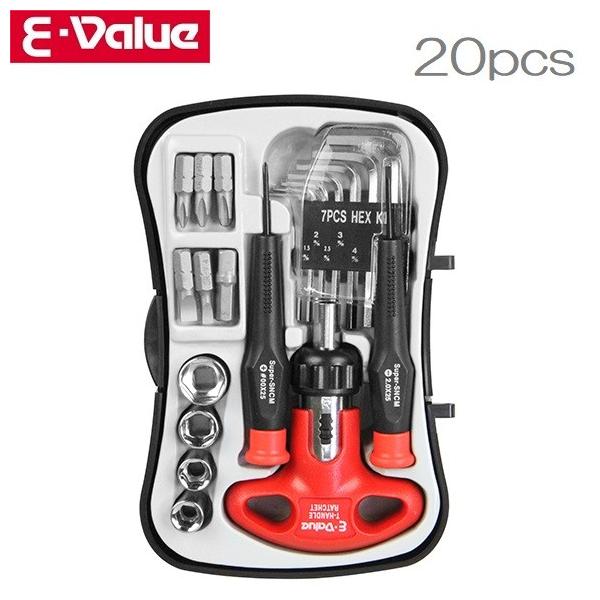 E-Value T型ラチェットドライバーセット 20pcs 家具の組み立て・メンテナンス用 EMT-20C T型 ラチェットドライバーセット E-Value EMT-20C 工具セット ツール