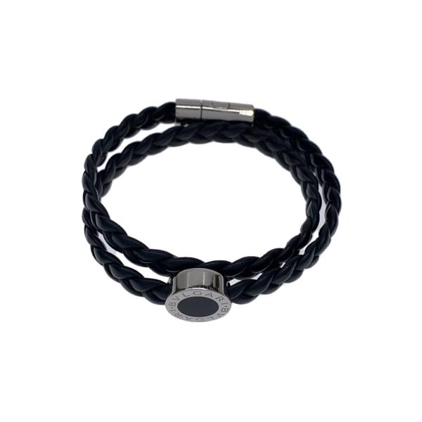 美品 BVLGARI ドッピオトンド ブラック シルバー レザー ブレスレット BVLGARI◇サークルロゴ/ブレスレット/レザー/BLK/メンズ : セカンド