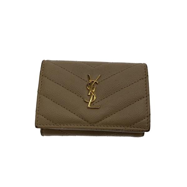 SAINT LAURENT◇タイニー/キルティング/財布/レザー/BEG/レディース