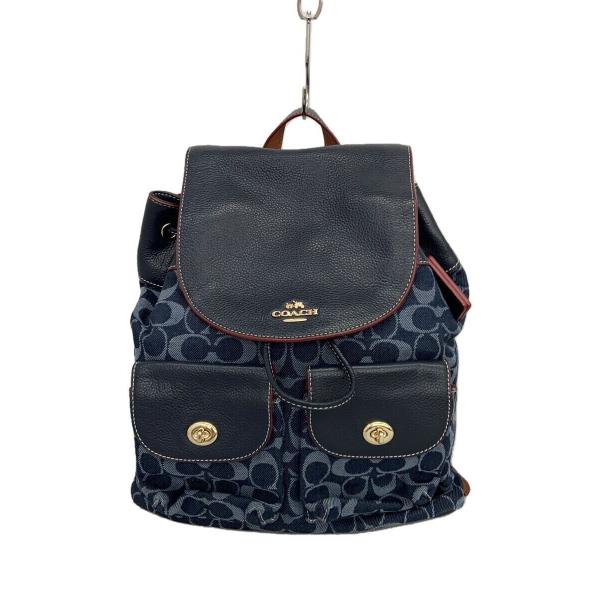 COACH◇シグネチャー/レザーコンビ/リュック/キャンバス/BLU