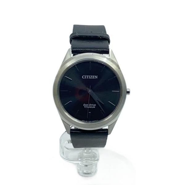 CITIZEN◇Eco-Drive Titanium/ソーラー腕時計/アナログ/レザー/BLK