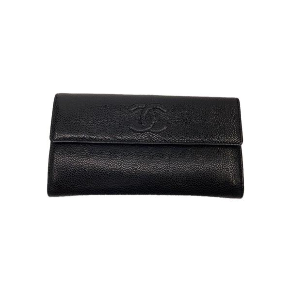 CHANEL◇キャビアスキン/タイムレスCC/長財布/レザー/BLK/レディース