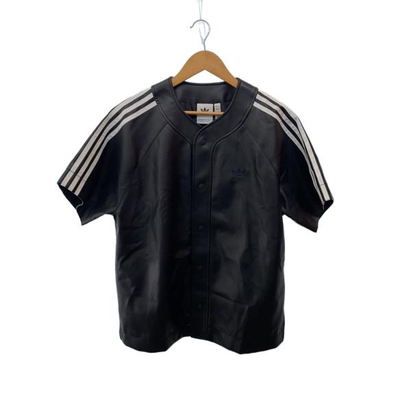 希少　adidas ベースボールシャツ　レザー　アディダス　ブラック　黒 adidas◇フェイクレザー アディカラー スリーストライプス ベース