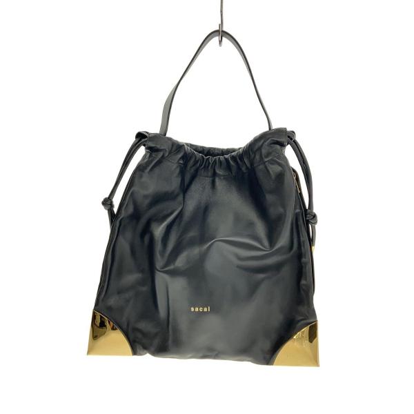 sacai◇Corner Metal Drawstring/バッグ/レザー/BLK/無地