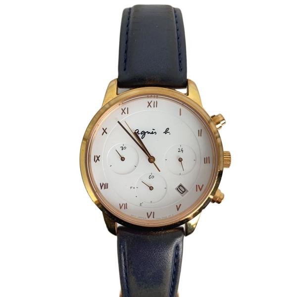 agnes b.◇ソーラー腕時計/アナログ/レザー/ホワイト/ブラック/SS/VR42