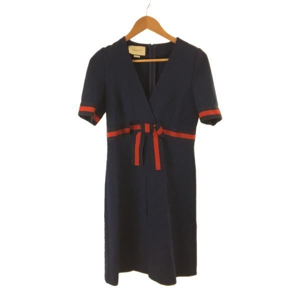 GUCCI◆Jersey V-neck Dress/ジャージー/Vネック/ワンピース/M/レーヨン/ネイビー/501488
