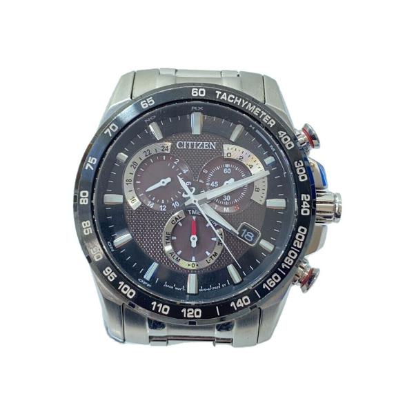 美品動作良_CitizenLocalTimeAlarmCrono電波_E610 CITIZEN◇ソーラー腕時計/アナログ/ステンレス/BLK/SLV/E610-S104831