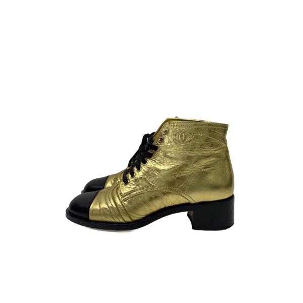CHANEL◇レースアップショートブーツココマーク//ブーツ/37/GLD/レザー