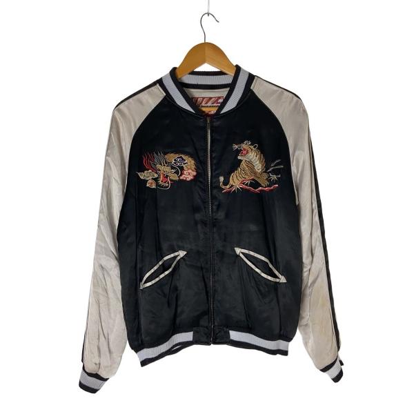 美品！HOUSTON レーヨンスカジャン 鷹 虎 龍 地図／スーベニアジャケット HOUSTON◇スカジャン/M/--/ブラック/50433/虎/龍/日本地図/刺繍