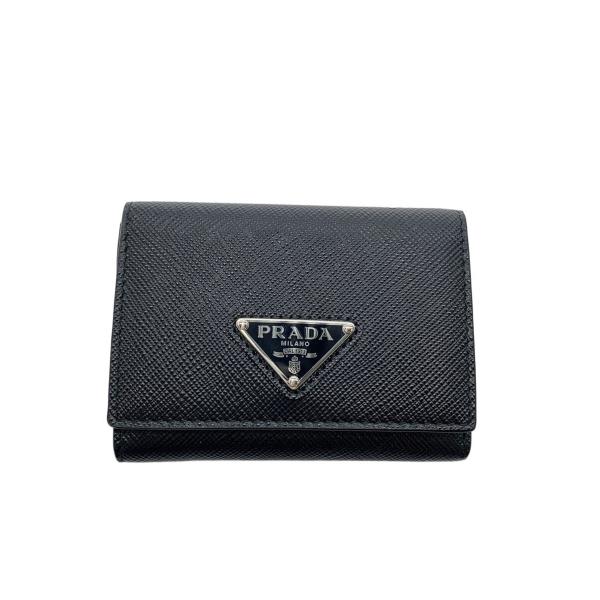 PRADA◇サフィアーノ/トライアングルロゴ/3つ折り財布/レザー/BLK/無地